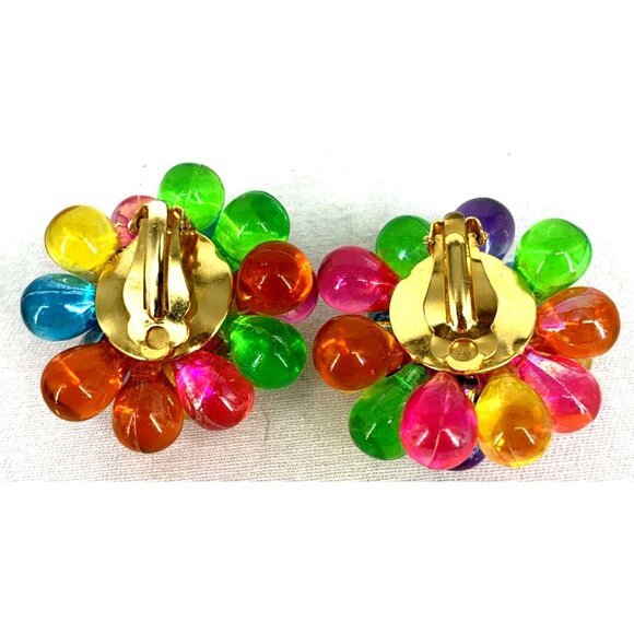 Lucite Earrings Multi Colored Bubbles Cluster Clip-On Jewelry 1.5" Vintage - Picture 6 of 7
